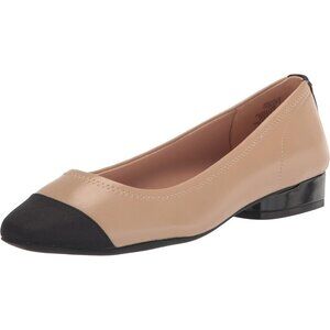 Anne Klein Womens Nude/Black LeatherClosed Pointed ToePull-On Carlie Ballet Flat